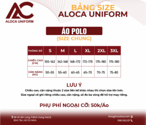 Bảng size áo polo của đồng phục Aloca