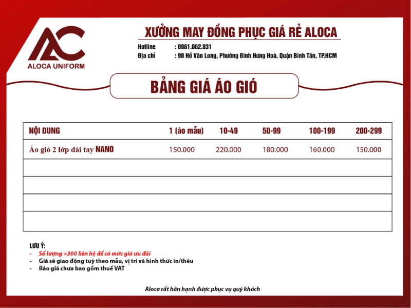 Bảng giá đồng phục áo khoác gió