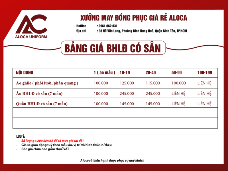Bảng giá đồng phục bảo hộ lao động
