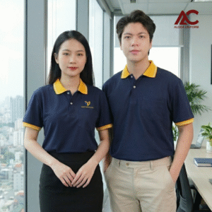 Áo Polo Đồng Phục màu Xanh Navy Phối Bo Vàng Lé 1 Sọc MS126